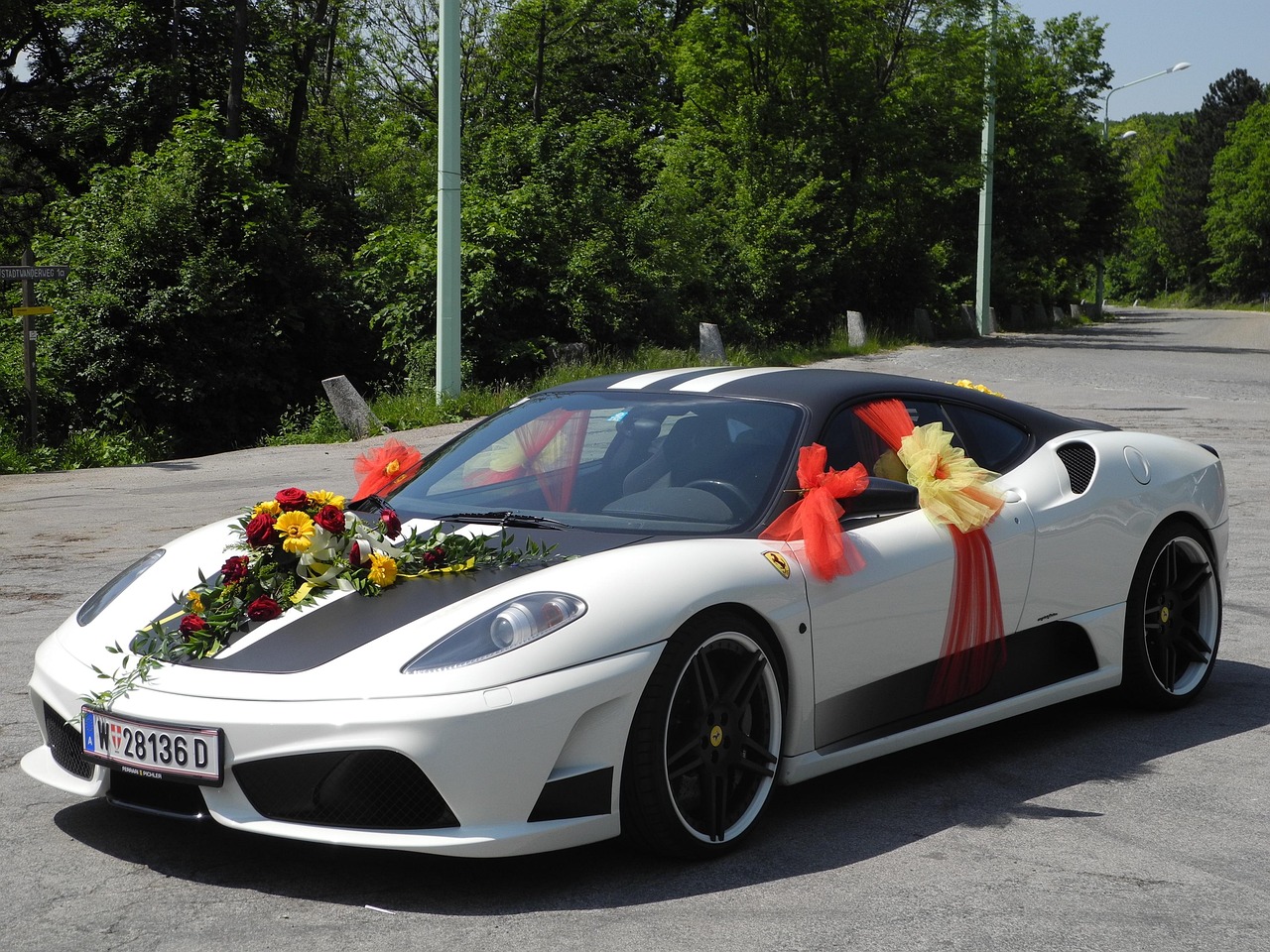 wedding car, automobile, ferrari, wedding, floral decorations, white, wedding car in Sanchore, dulha Car sanchore